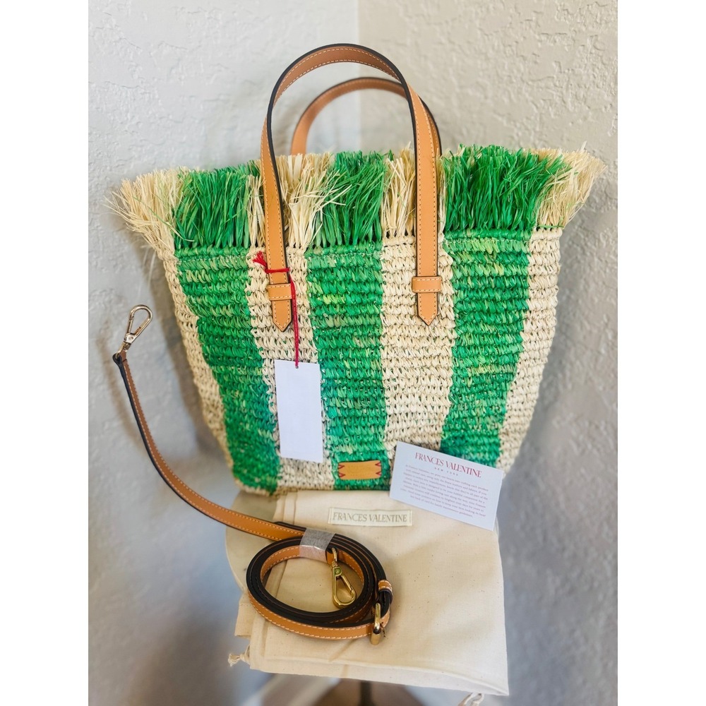 FRANCES VALENTINE Alfie French‎ Straw & Leather Tote Bag, Green Stripe, NWT